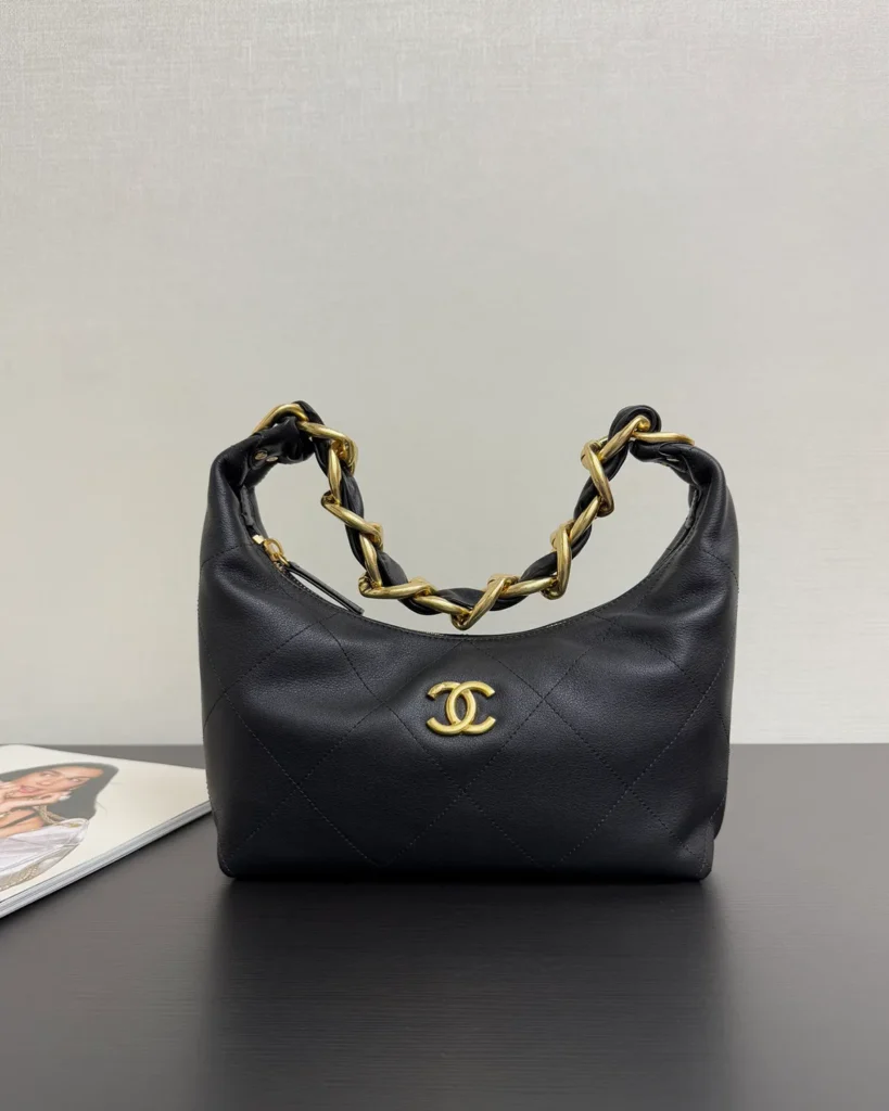 Black Quilted Chunky-Chain Hobo Bag — front view