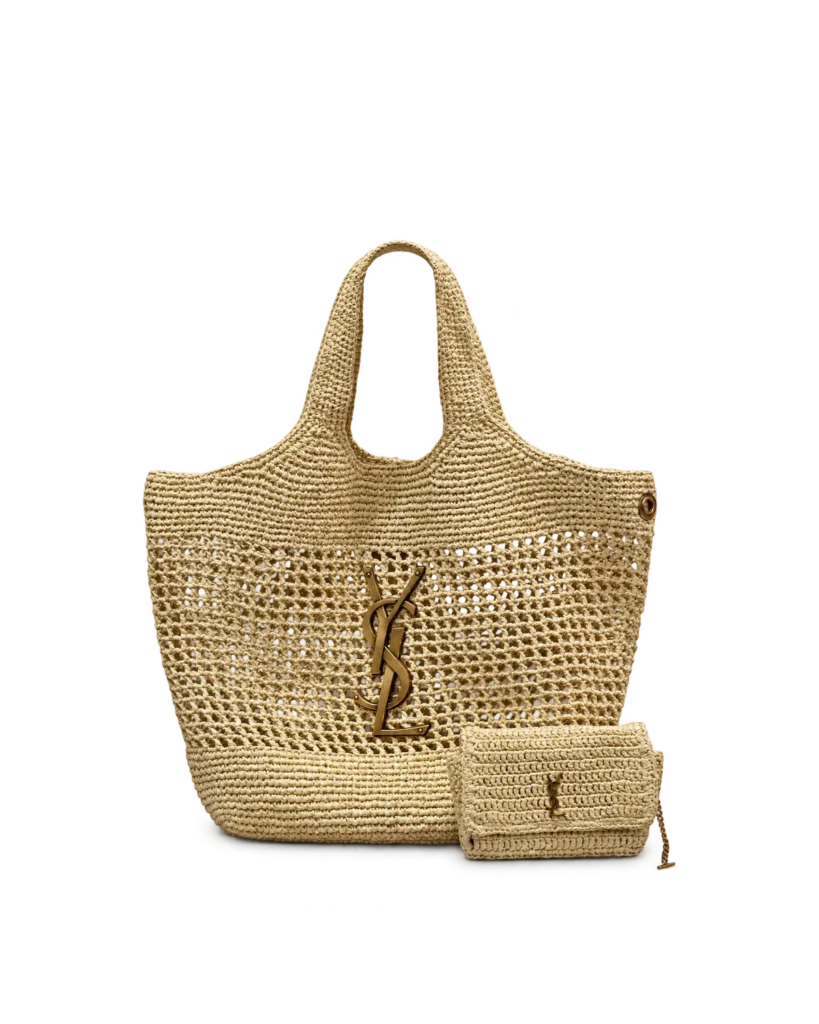 Natural-Tone Open-Weave Tote with Pouch — front with pouch view