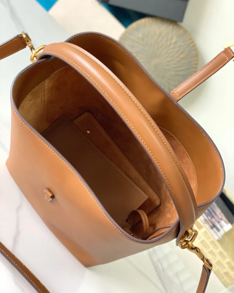 Tan Curved-Top Bucket Bag — interior view