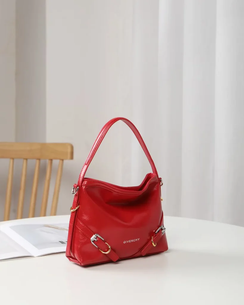 Glossy Red Buckle Shoulder Bag — rear