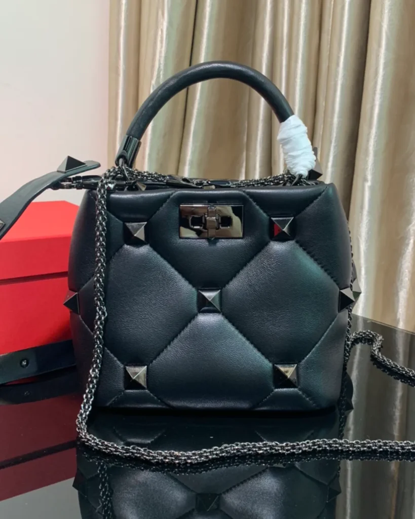 Black Diamond-Quilted Studded Top-Handle Bag — front view