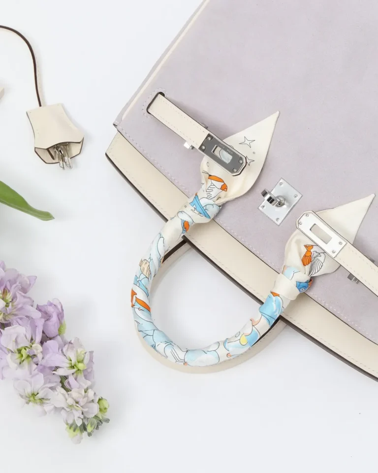 Lilac Cream Two-Tone Top-Handle Bag — top detail view