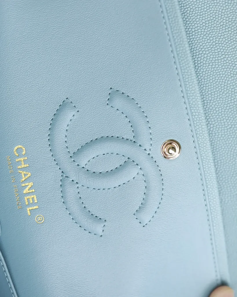Pale Blue Quilted Gold-Tone Chain Flap Bag — interior label view