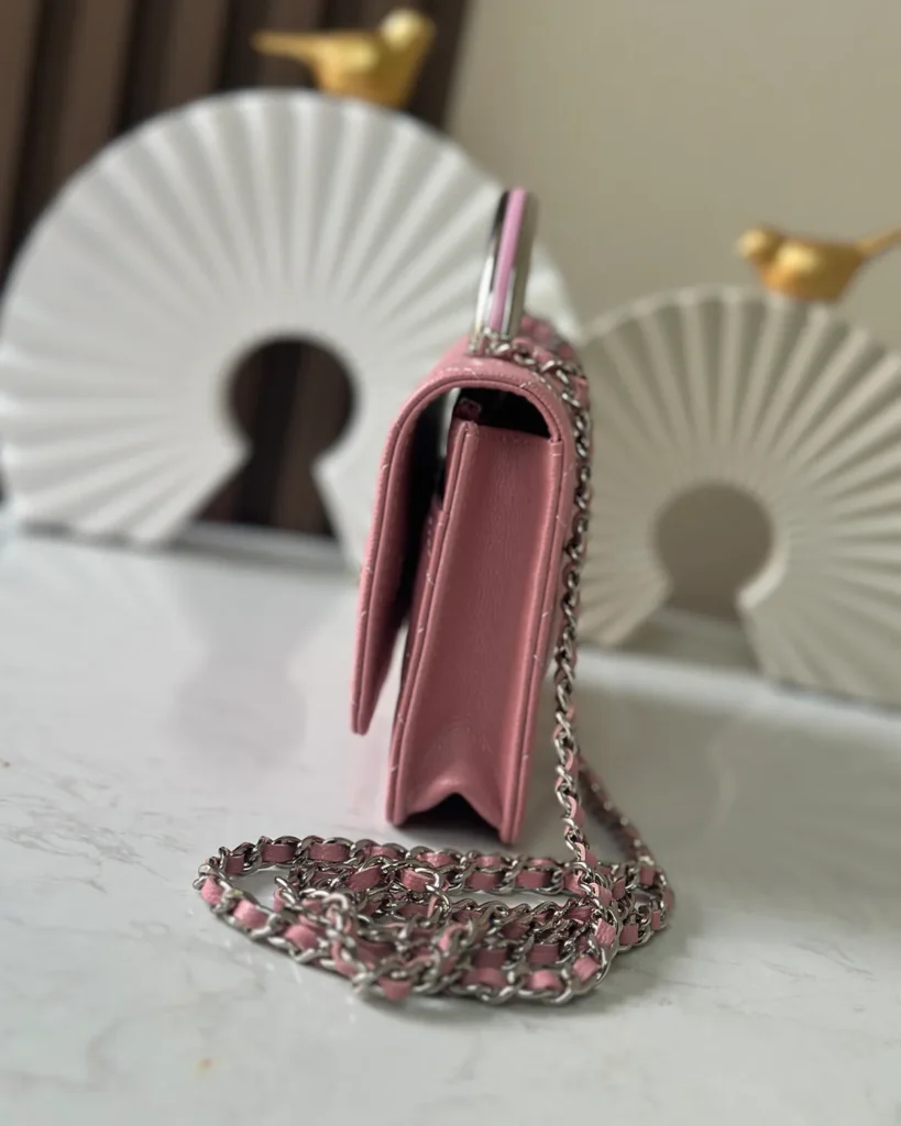 Rose Pink Quilted Top-Handle Chain Wallet — side view