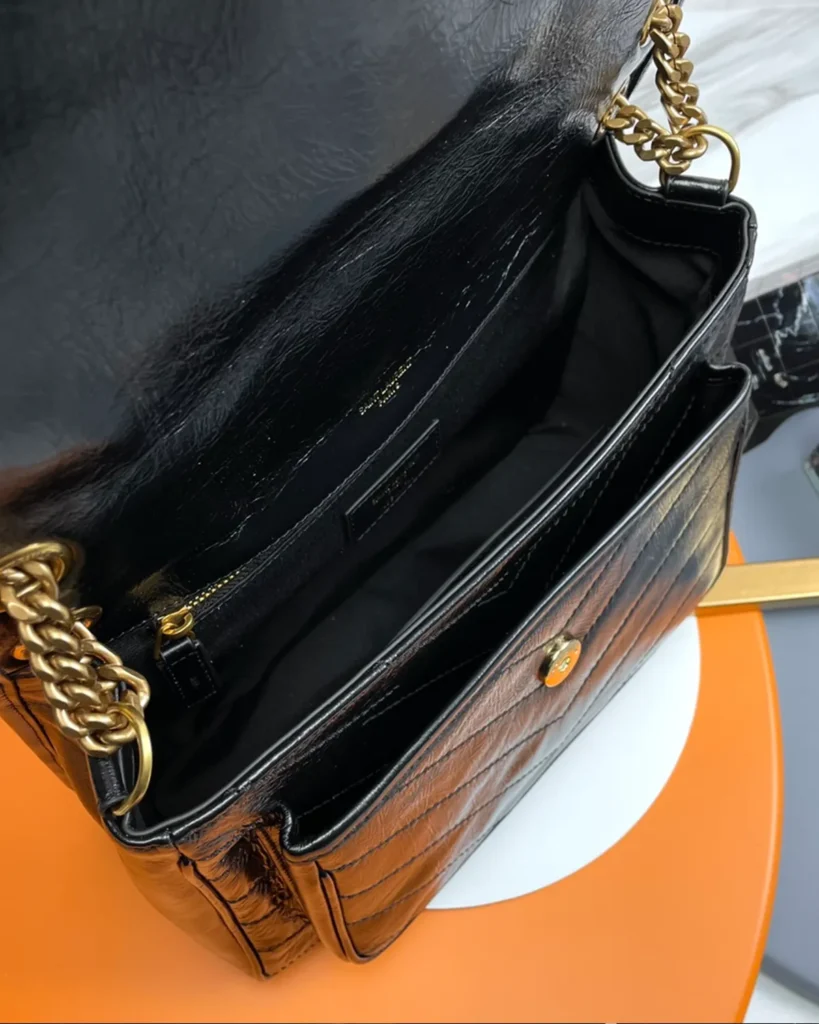 Black Crinkled Chevron Flap Shoulder Bag — interior view