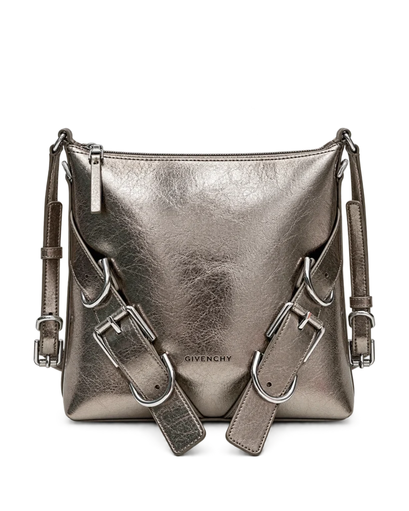 Metallic Silver Buckle Shoulder Bag — upright front view