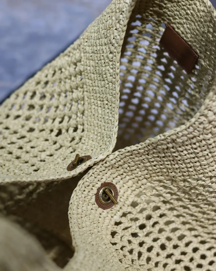 Natural-Tone Open-Weave Tote with Pouch — top detail view