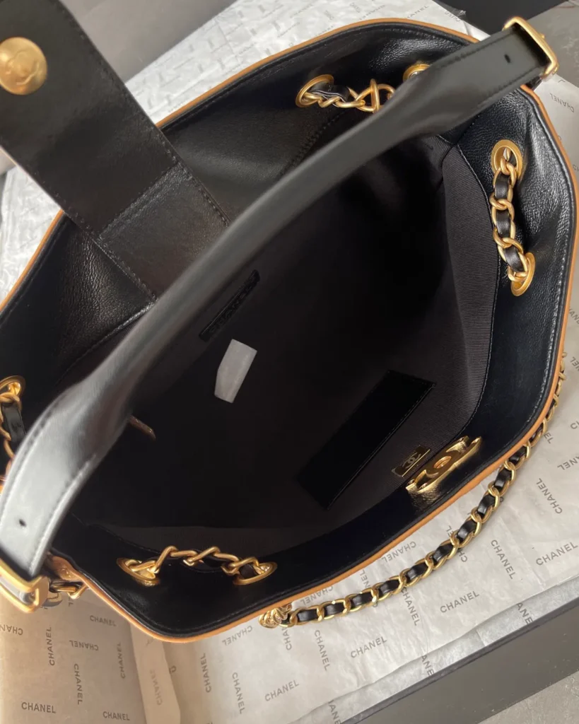Tan and Black Quilted Chain Tote — interior view