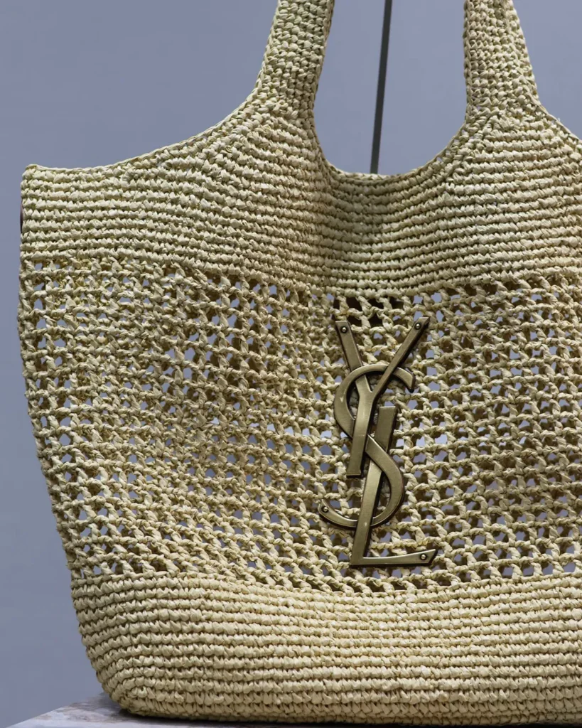 Natural-Tone Open-Weave Tote with Pouch — logo detail view
