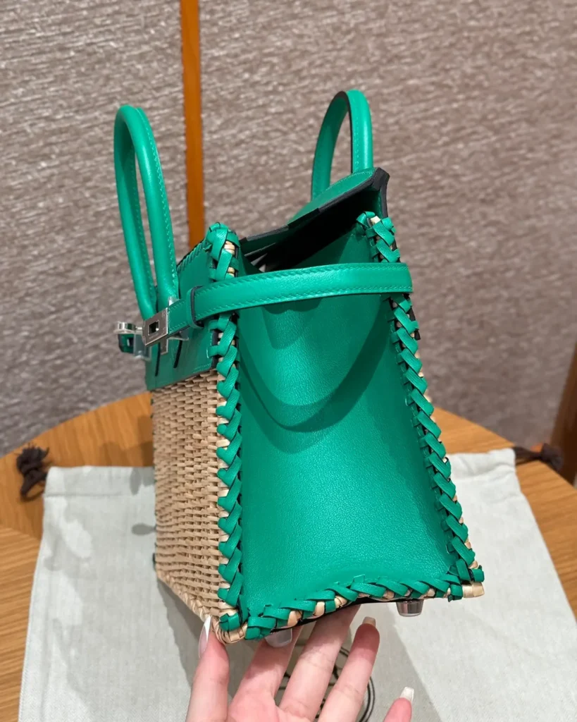 Birkin-Inspired 25 Green Woven Picnic Tote, opposite side panel
