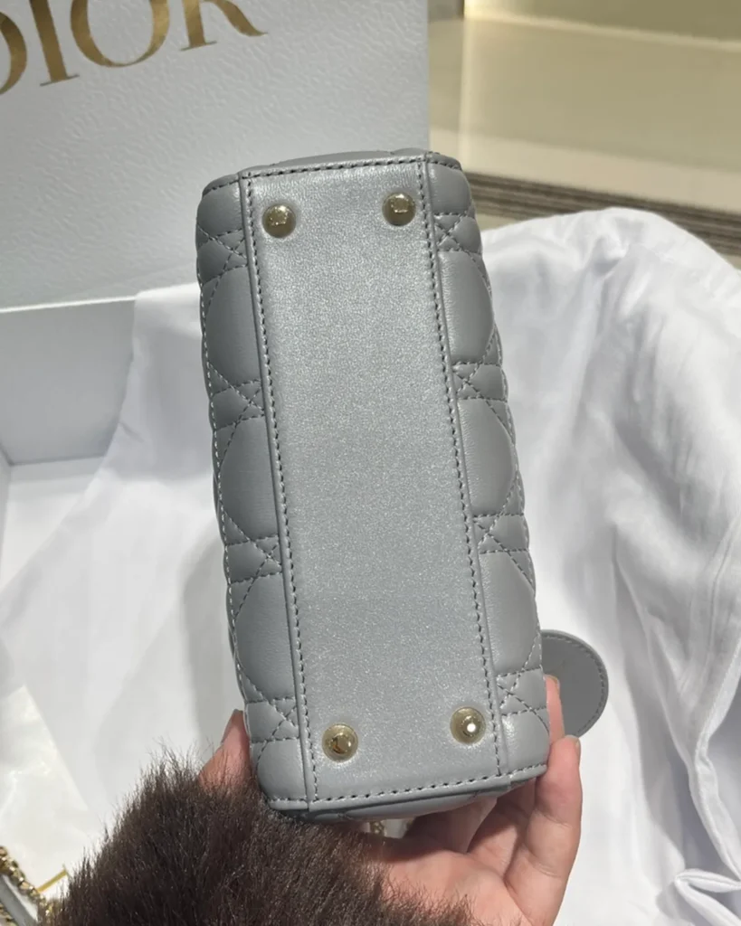 Pearlescent Gray Quilted Top Handle Bag — base view