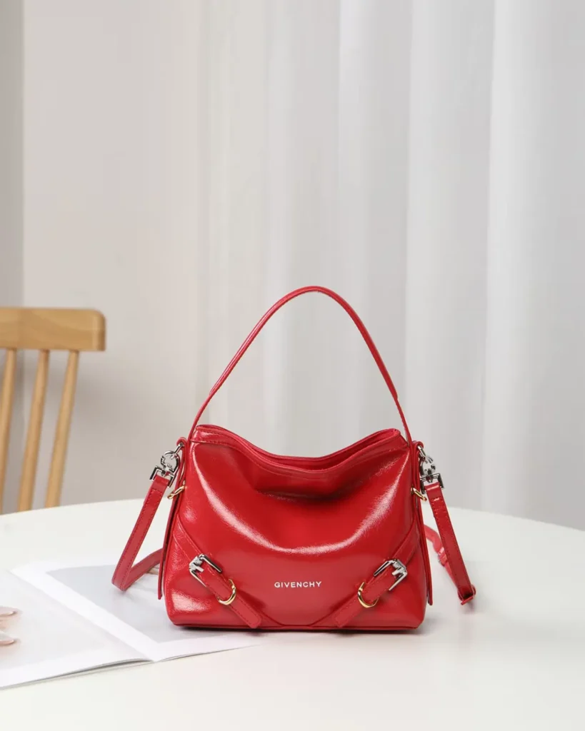 Glossy Red Buckle Shoulder Bag — front styled