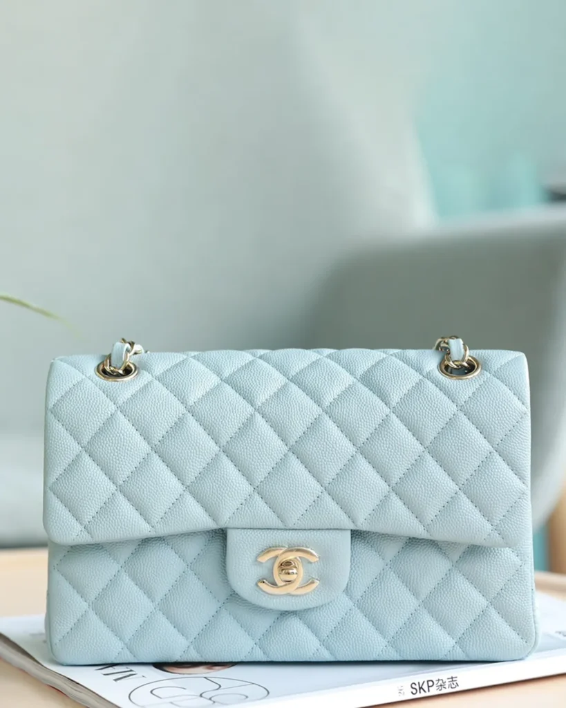 Pale Blue Quilted Gold-Tone Chain Flap Bag — front view