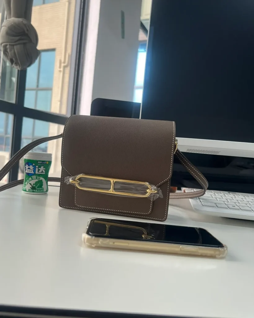 Taupe Link-Clasp Shoulder Bag — size context view