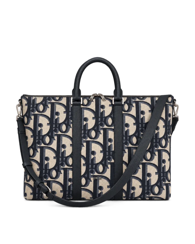 Beige Navy Monogram Zip Travel Tote — upright front view