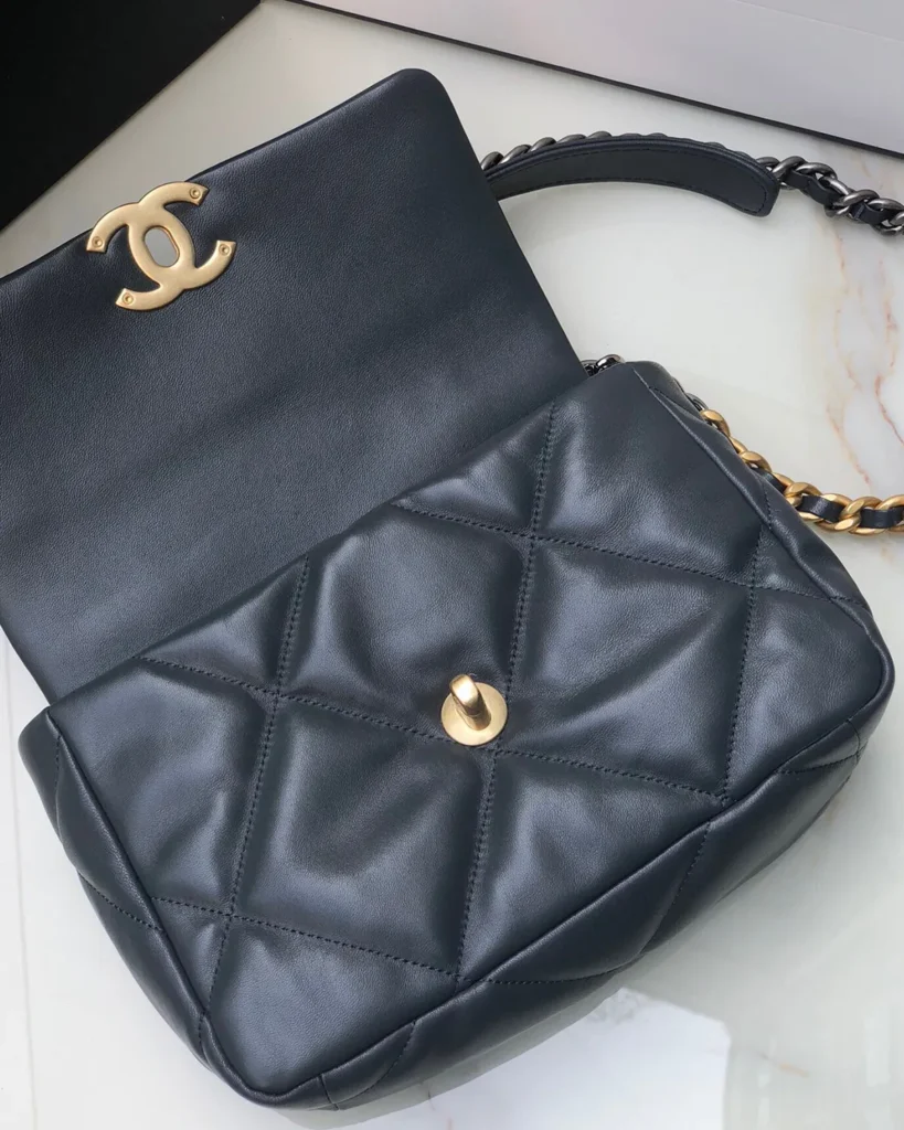 Black Quilted Mixed-Chain Flap Bag — open flap view