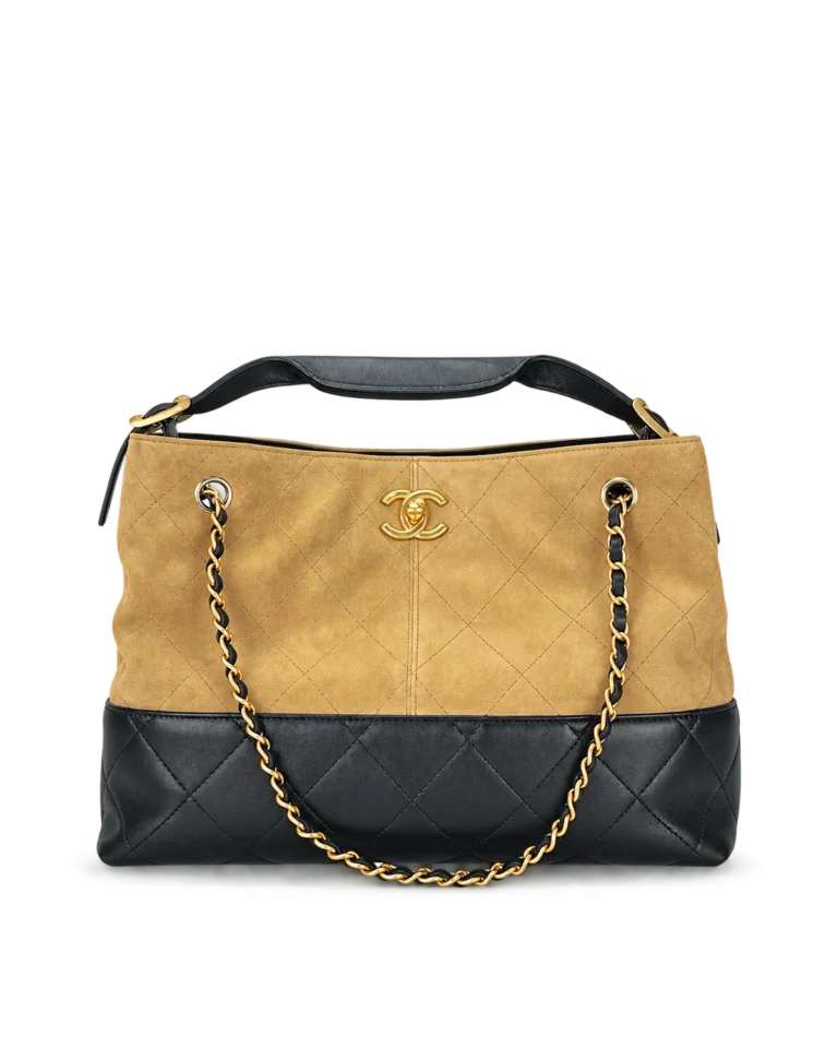 Tan and Black Quilted Chain Tote — main view