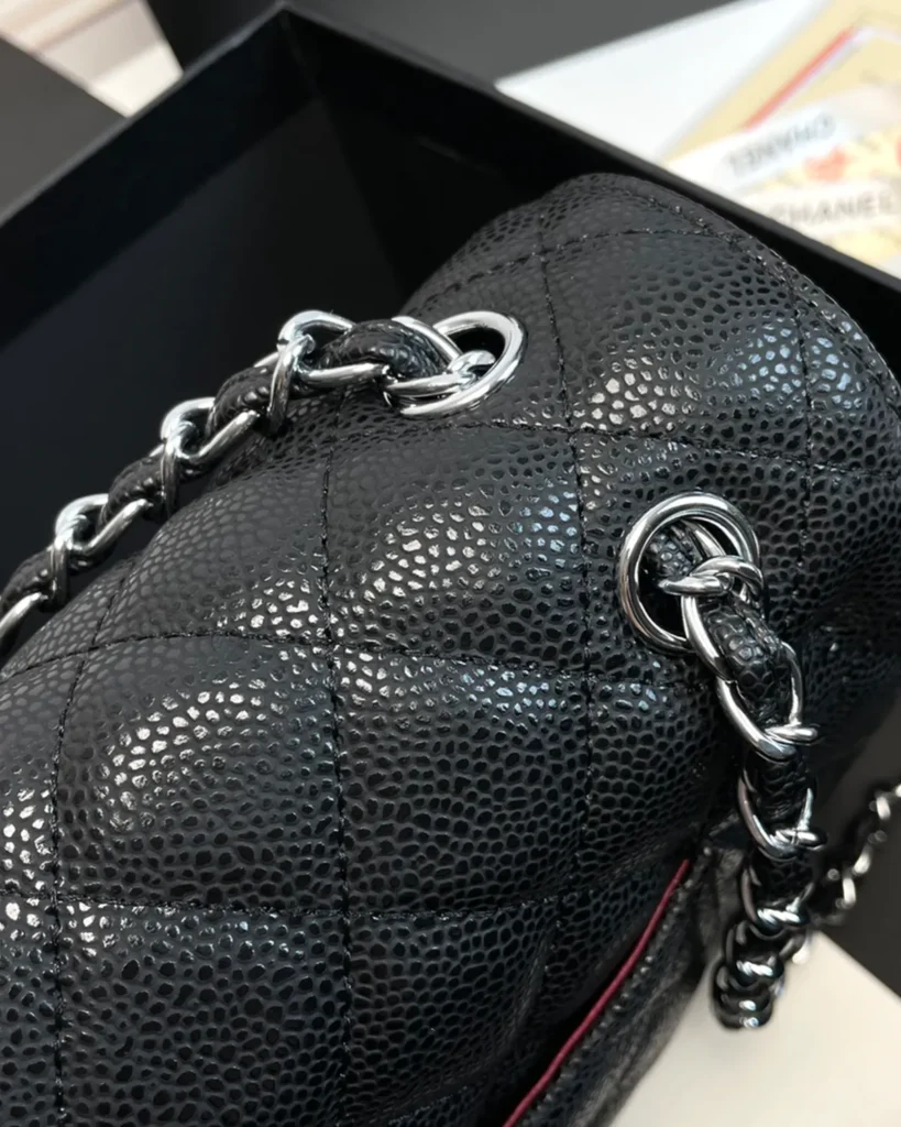 Black Quilted Silver-Tone Chain Flap Bag — strap detail view