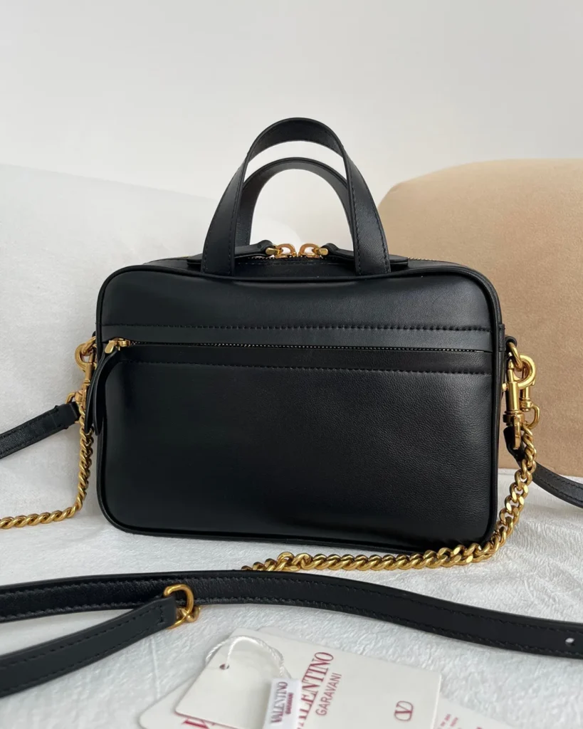 Black and Tan V-Panel Top-Handle Bag — rear view