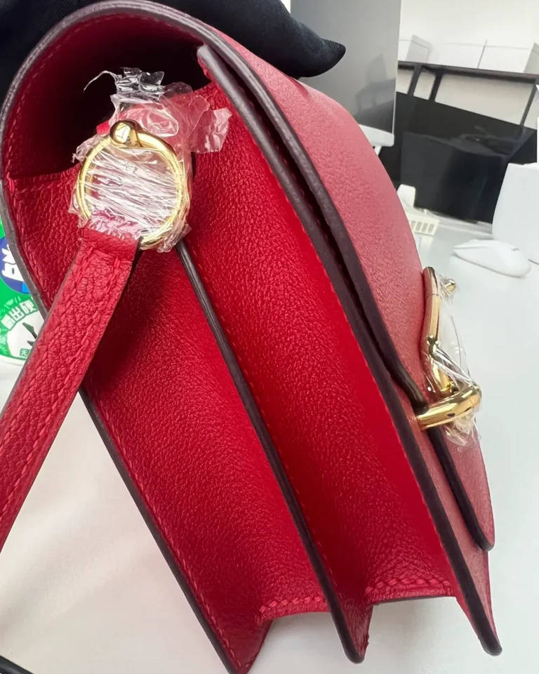 Red roulis-inspired mini bag, side profile view