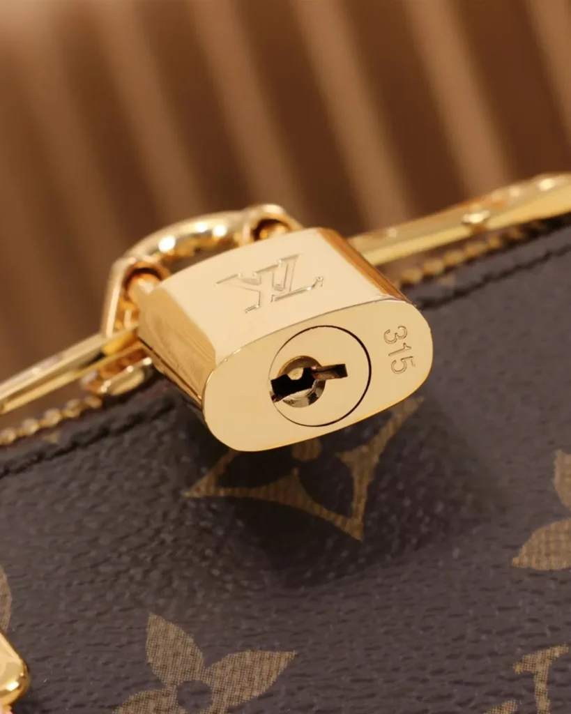 Brown Monogram Boston Bag with Wide Strap — padlock view