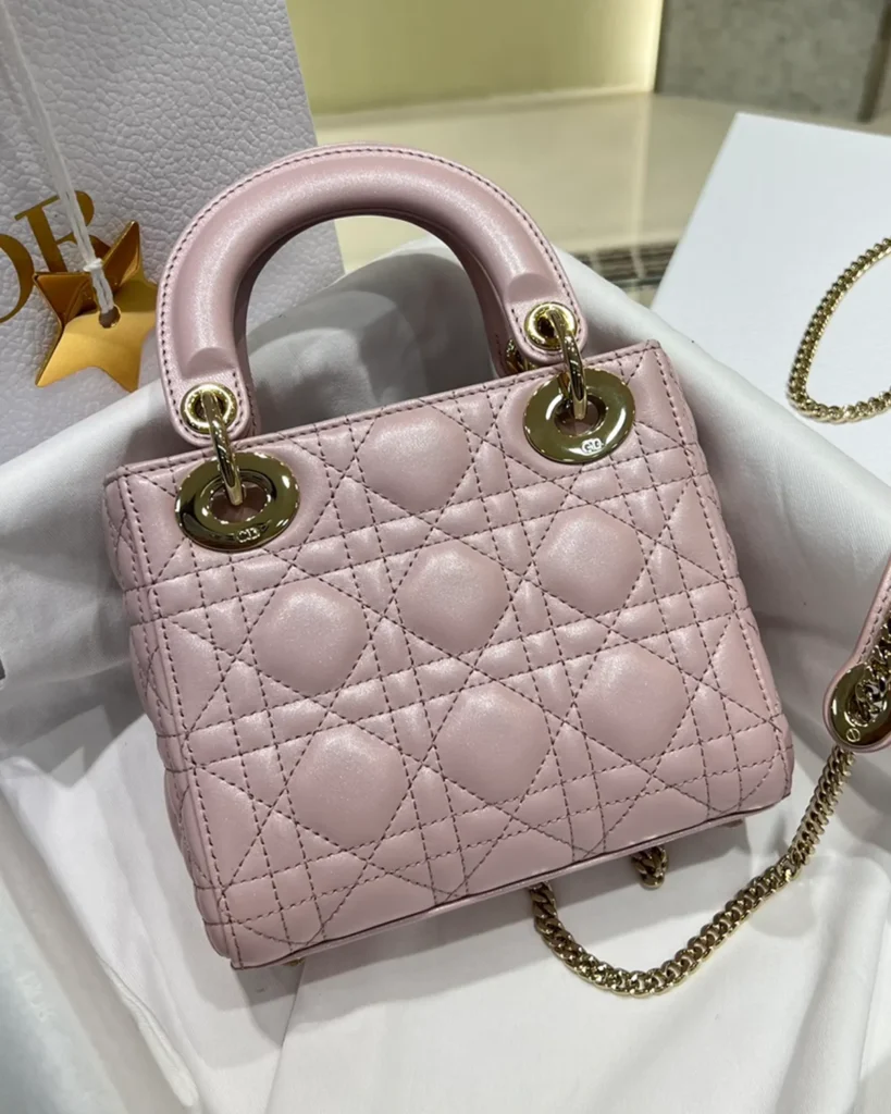Pearlescent Pink Quilted Top Handle Bag — rear view