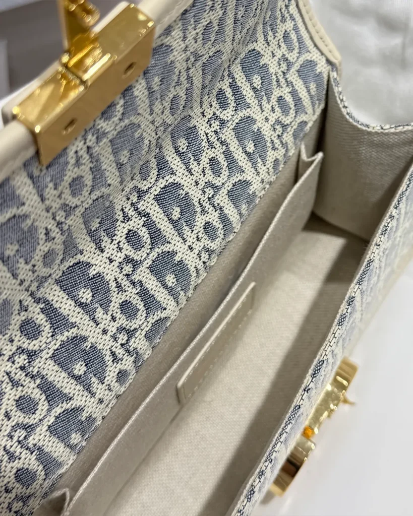 Blue and Cream Patterned Flap Bag — open flap view