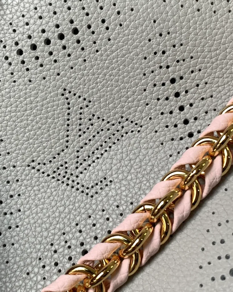 Pale Gray Perforated Monogram Chain Tote — perforation view