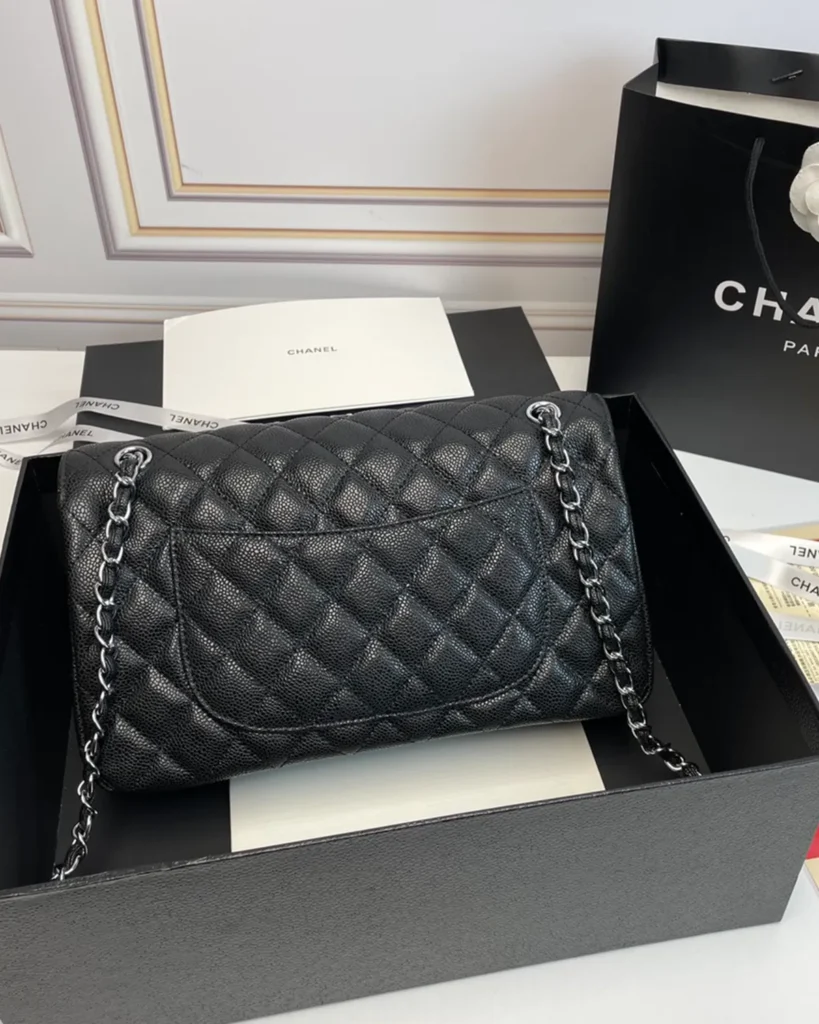 Black Quilted Silver-Tone Chain Flap Bag — rear view