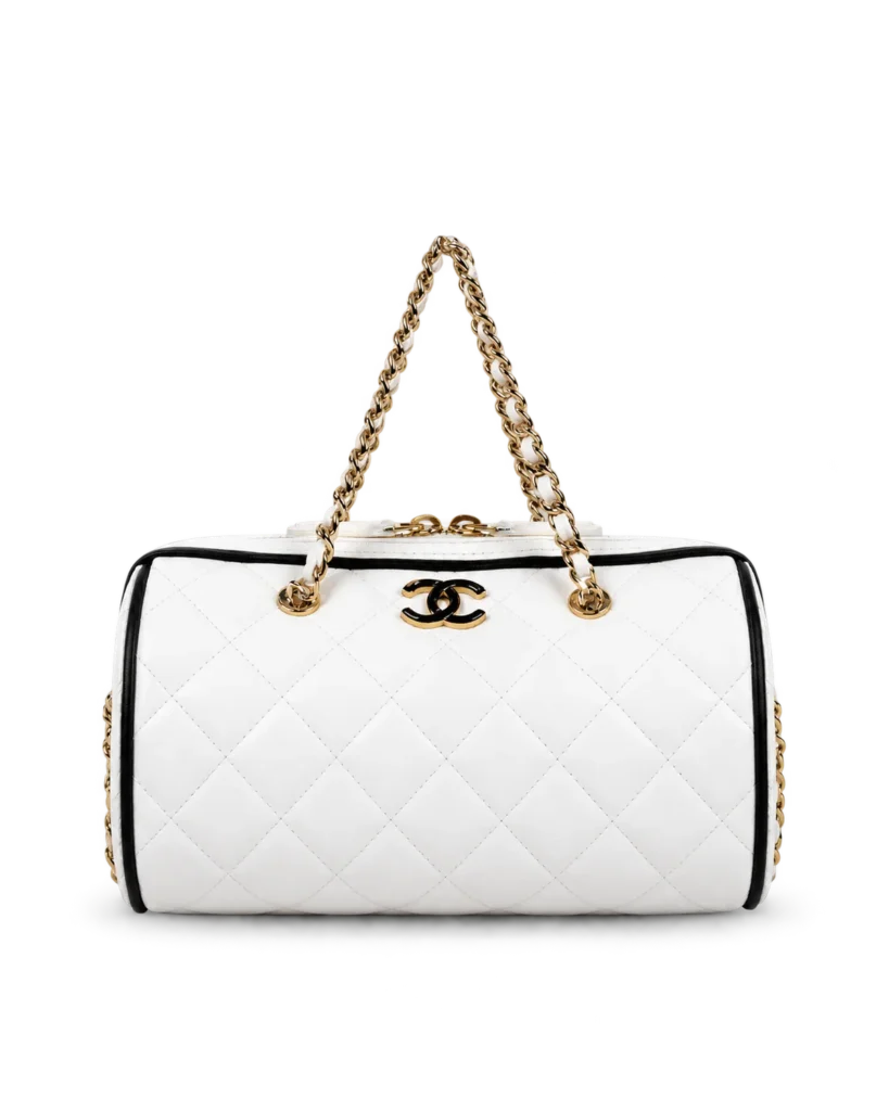 White and Black Quilted Chain Bowler Bag — main view