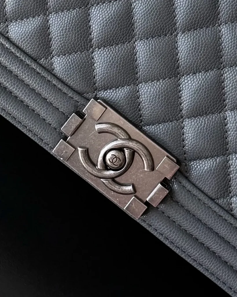 Charcoal Quilted Frame Flap Chain Bag — clasp detail view