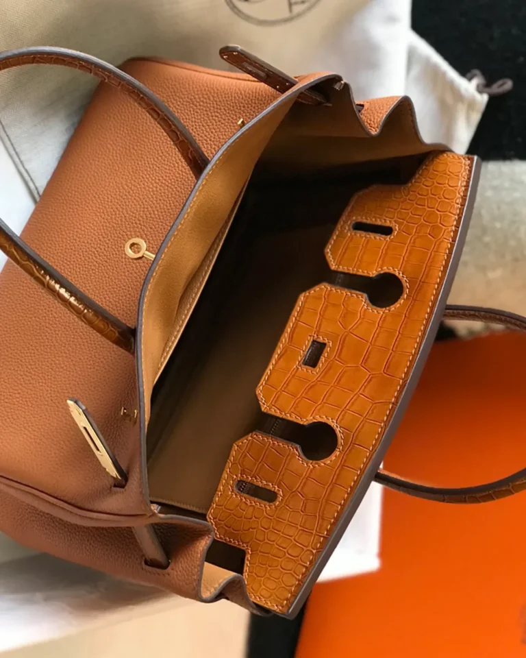 Birkin-Inspired 25 Gold Tan Mixed-Texture Tote, open interior compartment