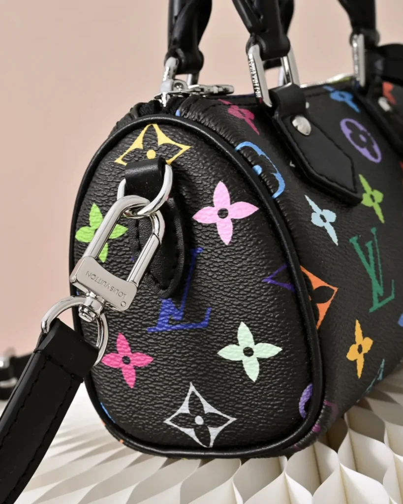 Black Multicolor Nano Speedy-Inspired Mini Bag — strap clip detail view