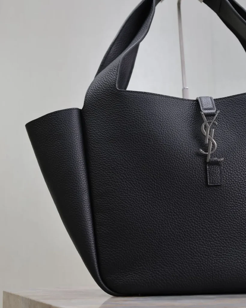 Black Grained-Look Wide Tote — front detail view