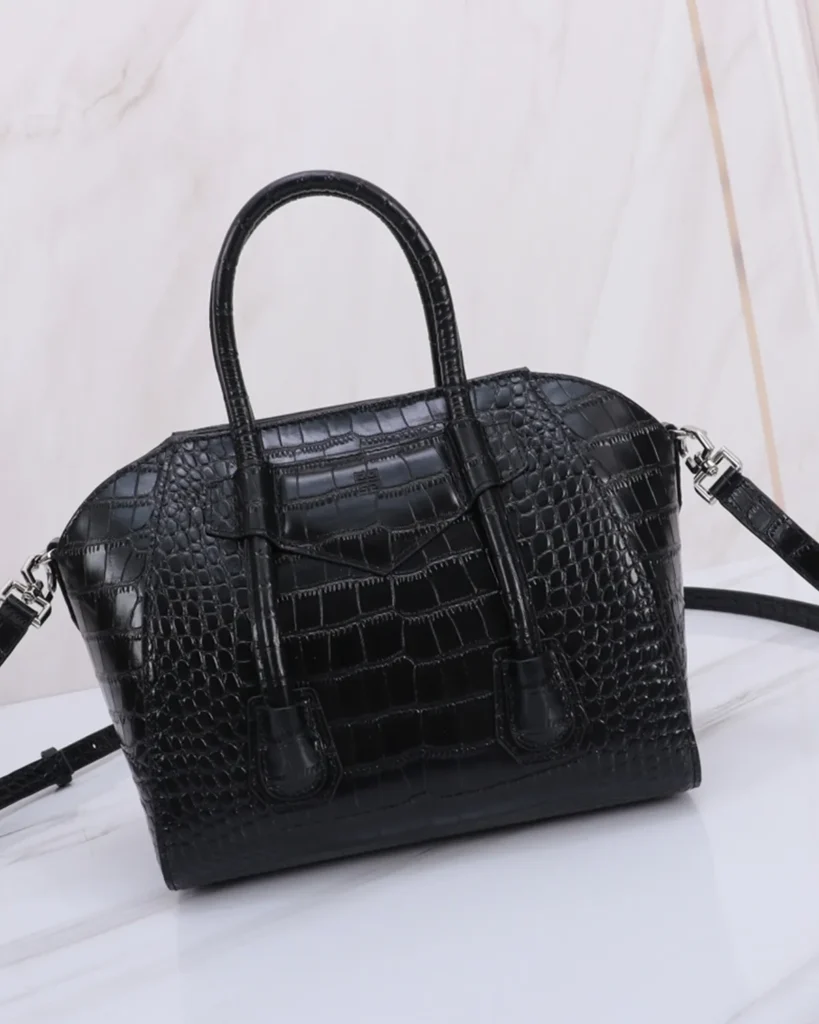 Black Scale-Texture Padlock Satchel — rear