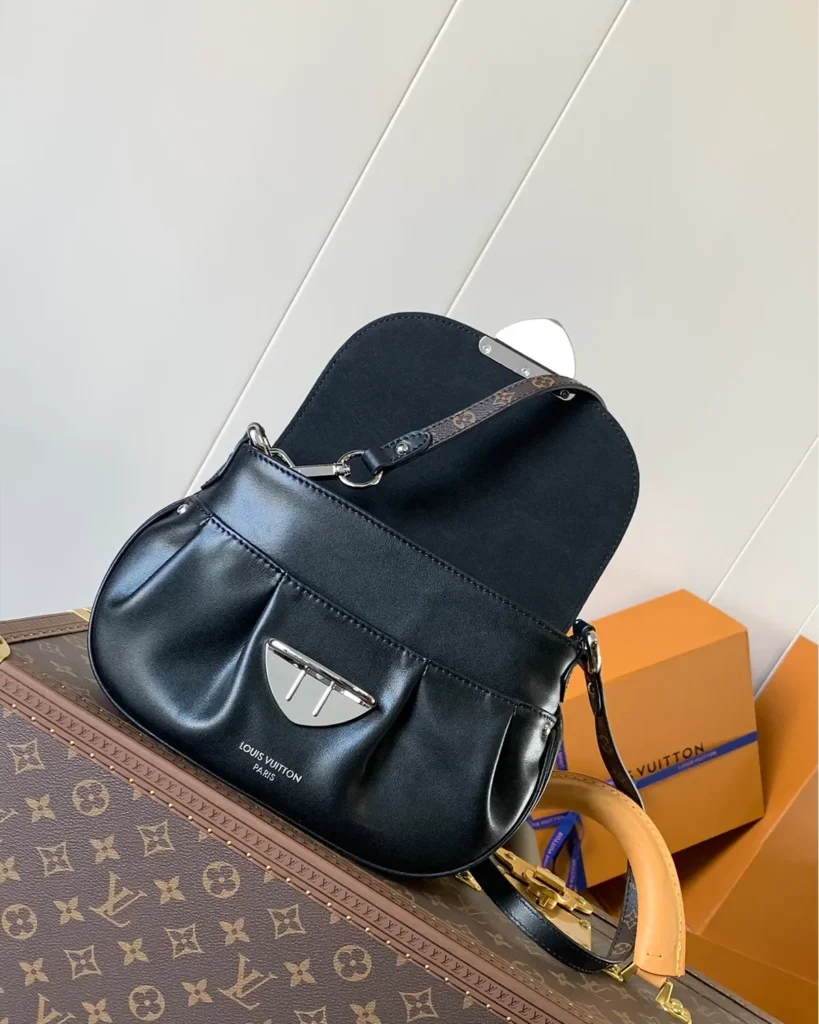 Black Gathered Flap Shoulder Bag — open flap view