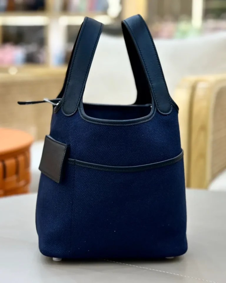 Picotin-Inspired Navy Textured Bucket Tote, side profile