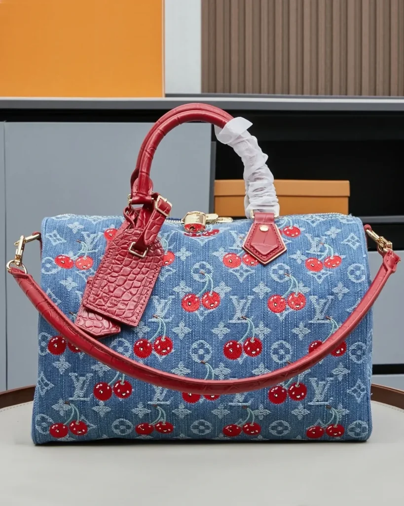 Cherry Denim Blue Speedy-Inspired Handbag — front view