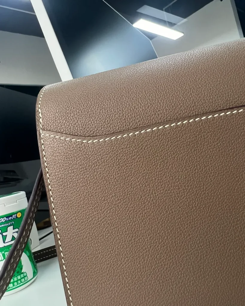 Taupe Link-Clasp Shoulder Bag — rear stitching view