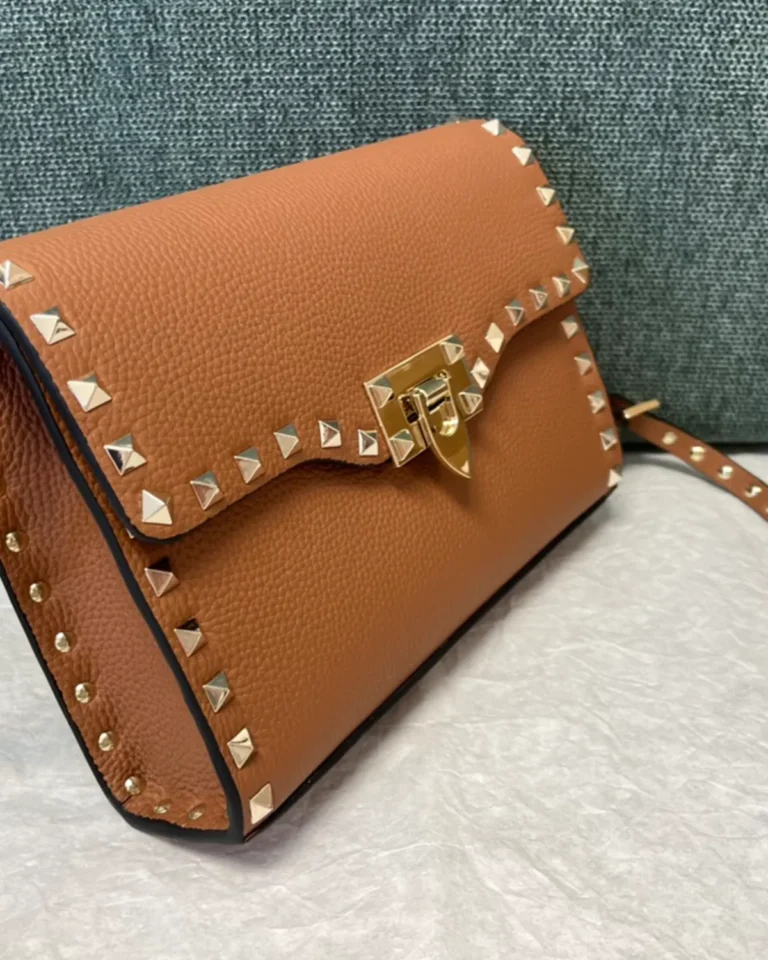 Tan Studded Edge Flap Shoulder Bag — side view