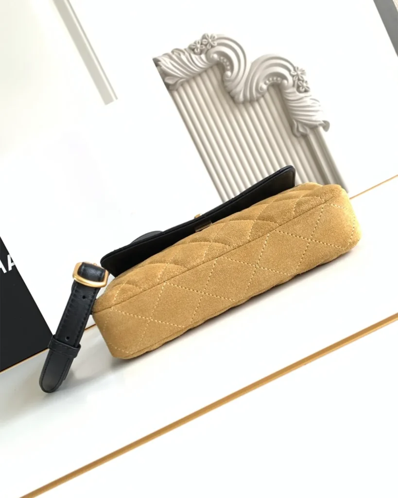 Tan and Black Quilted Flap Shoulder Bag — base view