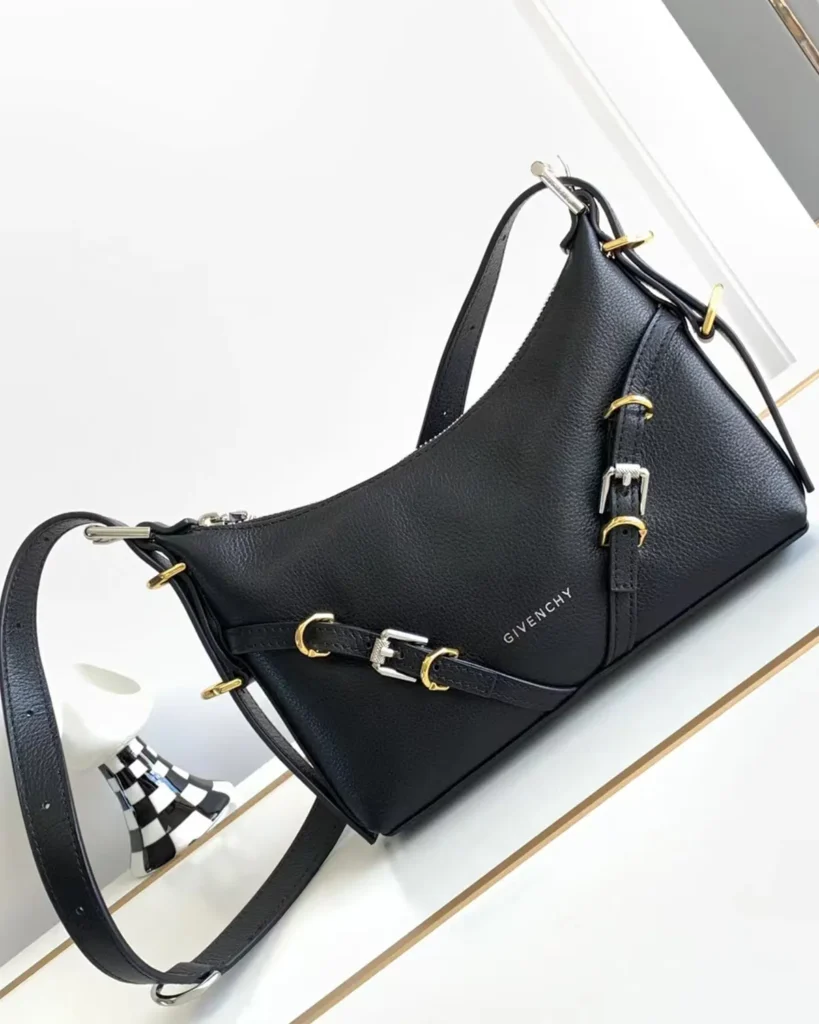 Black Draped-Top Buckle Shoulder Bag — angled front