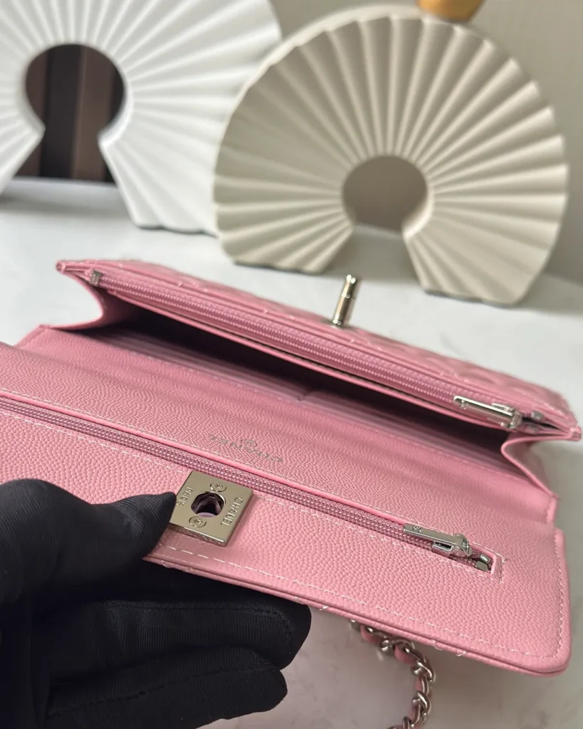 Rose Pink Quilted Top-Handle Chain Wallet — open flap view