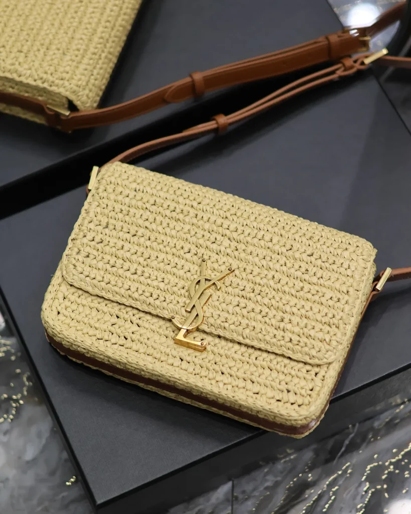 Straw-Tone Woven Flap Bag with Brown Strap — top view