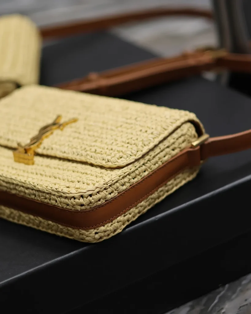 Straw-Tone Woven Flap Bag with Brown Strap — base view