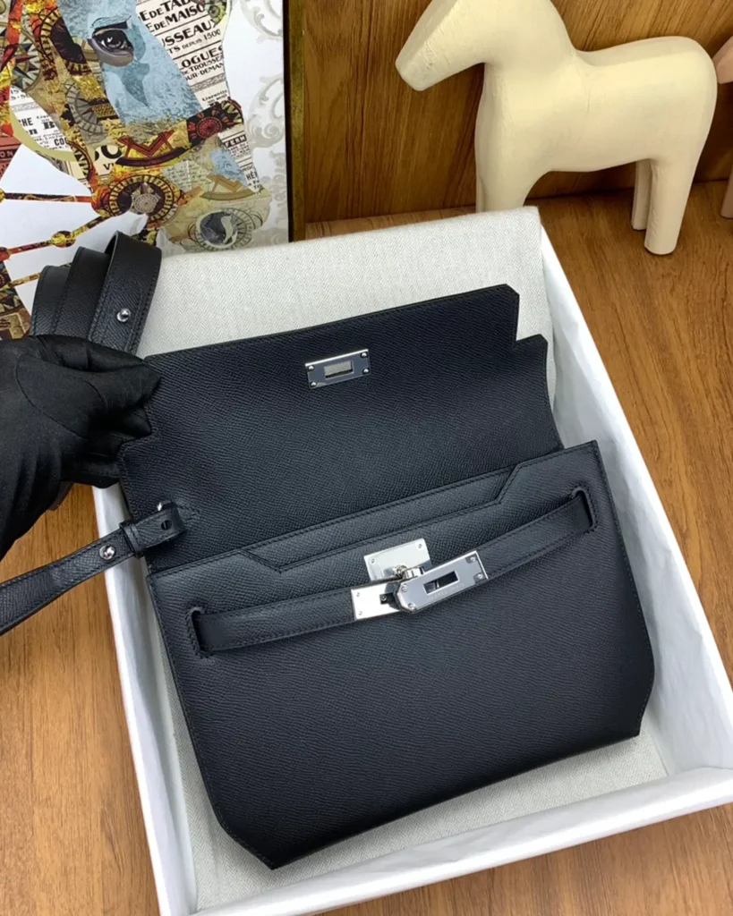 Kelly-Depeches-Inspired 25 Black Wristlet Pouch, open flap and closure