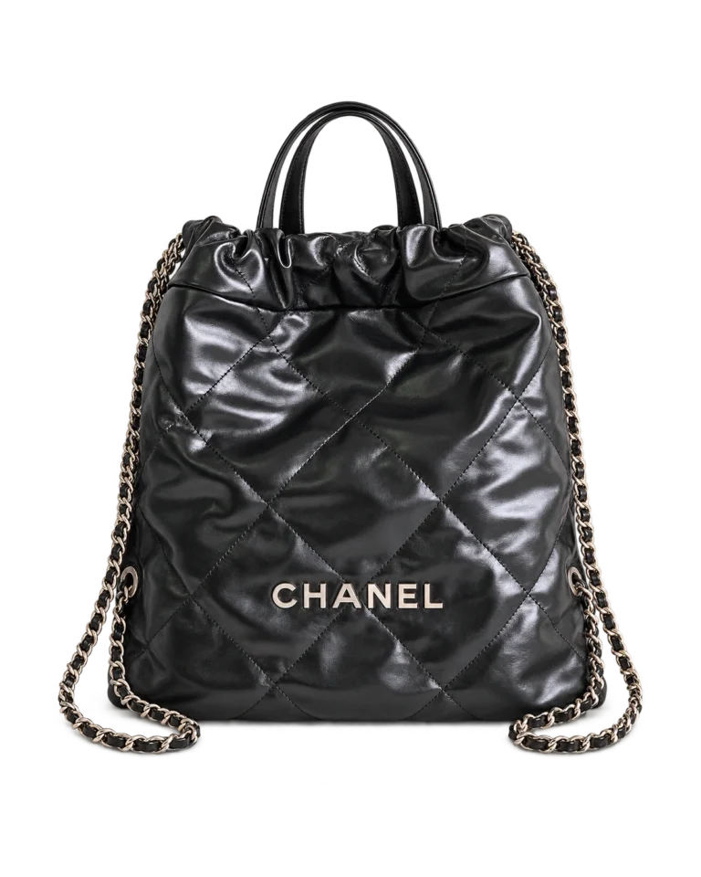 Glossy Black Quilted Gathered Tote — upright front view