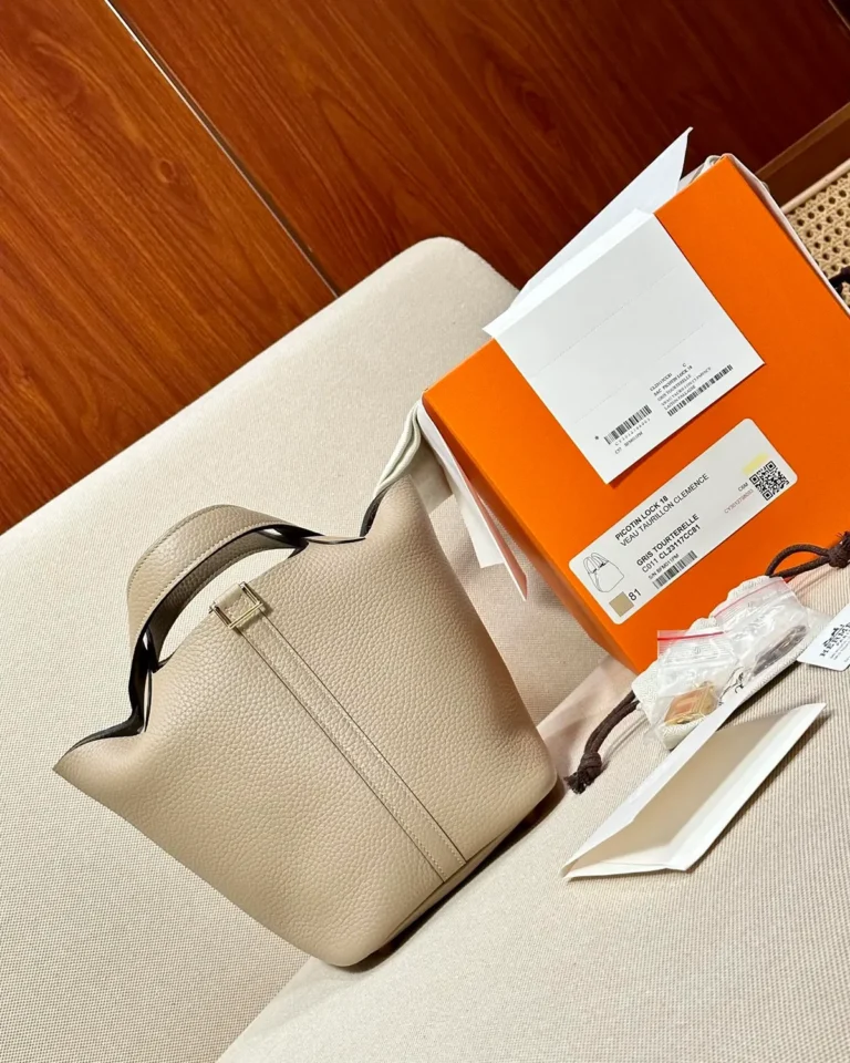 Picotin-Inspired 18 Beige Marfa Bucket Bag, top angle view