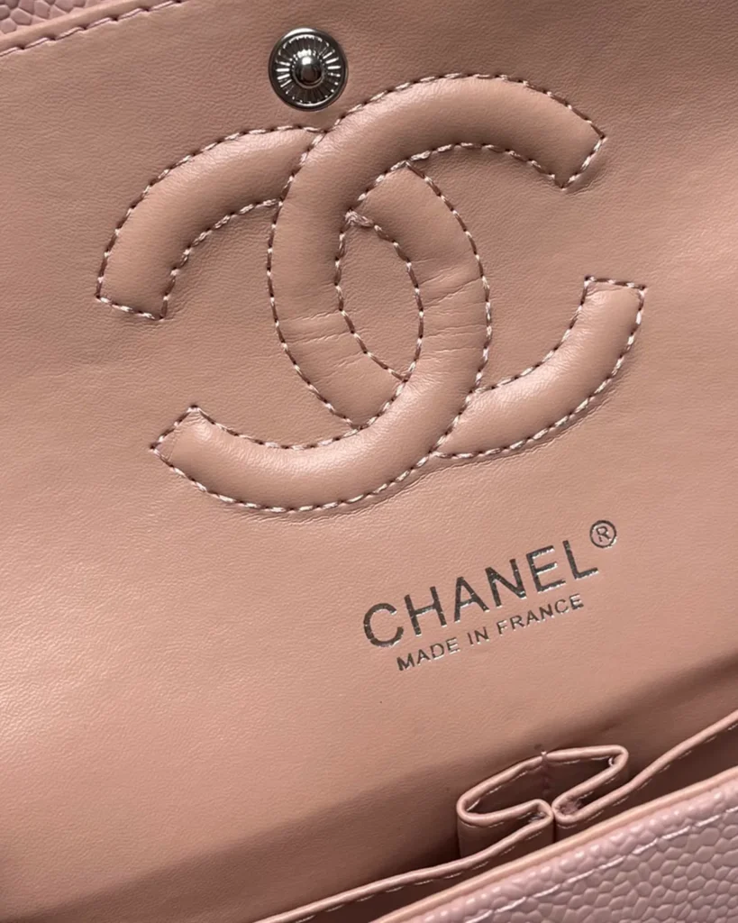 Pink Quilted Silver-Tone Chain Flap Bag — interior label view