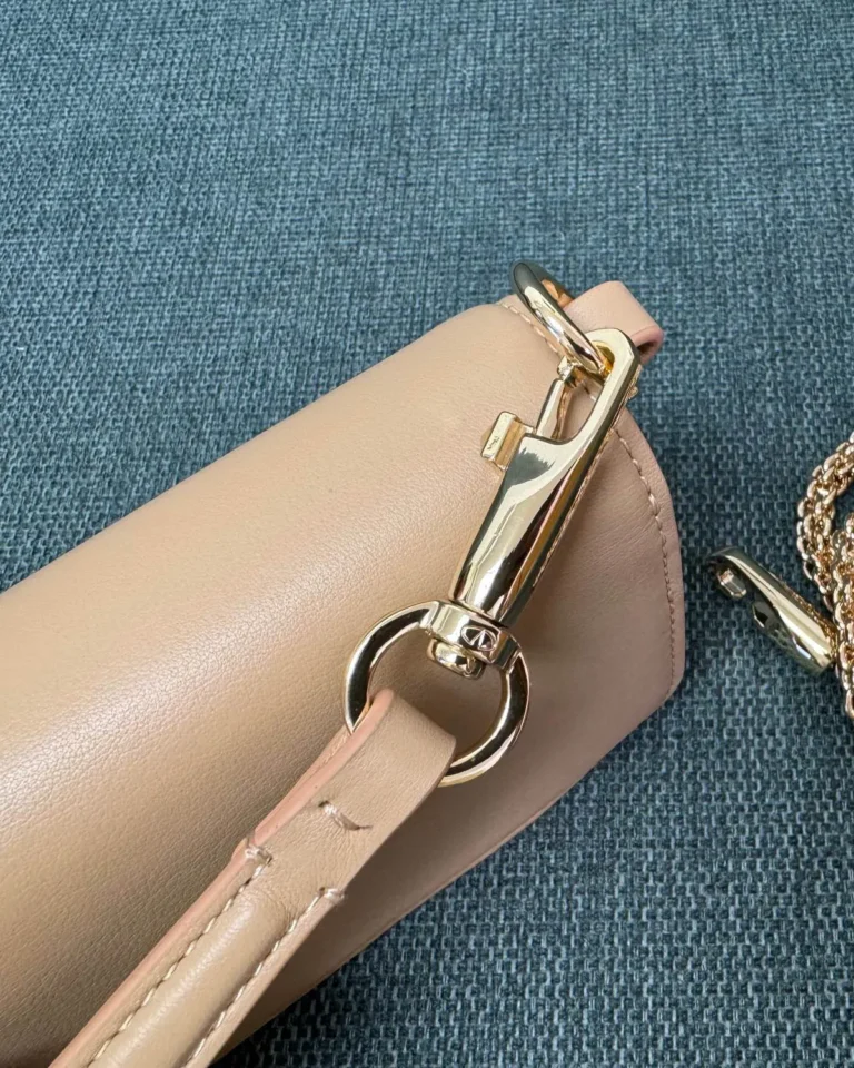 Beige Tonal-Ornament Flap Shoulder Bag — strap clip view